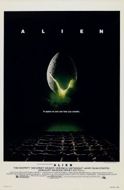 Alien theatrical poster: a cracked egg glowing green against black